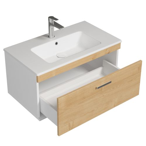 Meuble 1 Vasque Encastrée 80 Cm 1 Tiroir Chêne Clair Salle De Bain - Rubite