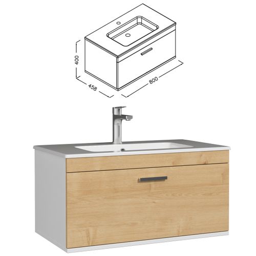 Meuble 1 Vasque Encastrée 80 Cm 1 Tiroir Chêne Clair Salle De Bain - Rubite