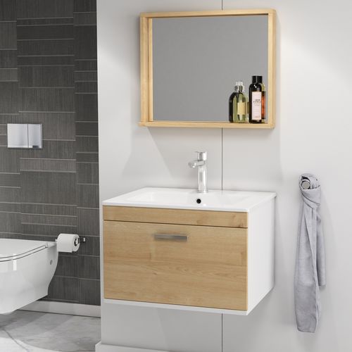 Meuble 1 Vasque Encastrée 60 Cm + Miroir Cadre 1 Tiroir Chêne Clair Salle De Bain - Rubite