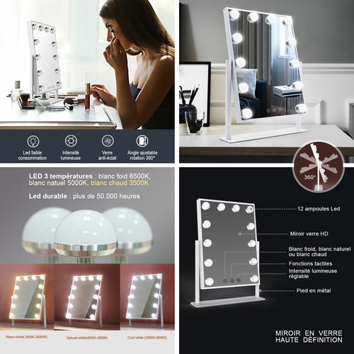 Miroir De Maquillage 12 LED, Réglables Éclairage + Intensité Lumineuse - Bulb Little Noir