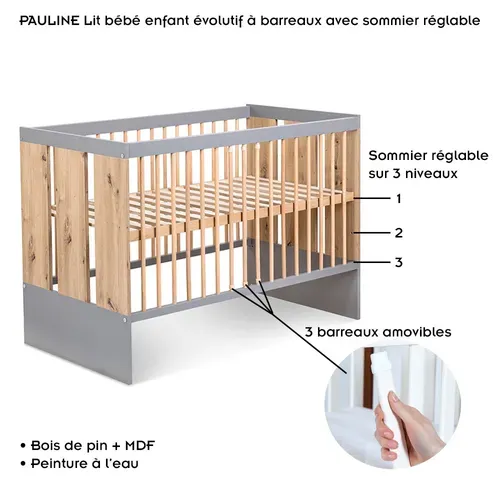 Pauline Ensemble Bébé Lit évolutif, Commode À Langer Bois / Gris 120x60 Cm