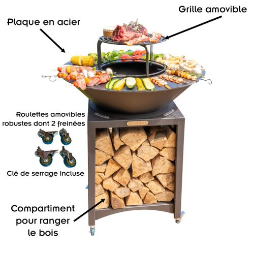 Brasero Haut Avec Plaque Et Grille Amovible En Acier Barbecue Plancha Extérieur       Ø 75 Cm