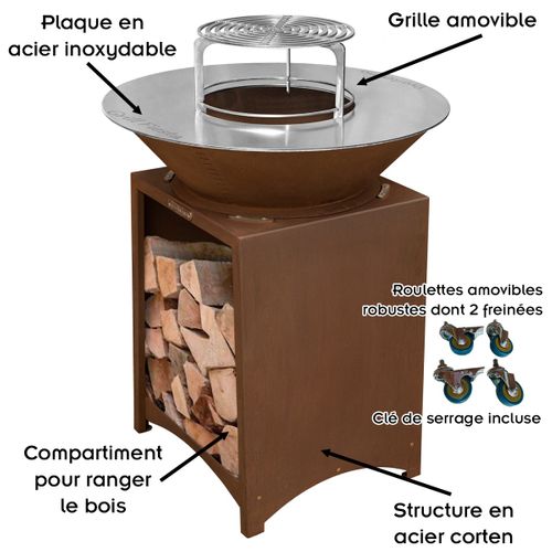 Brasero Haut Acier Corten Plaque Et Grille Amovible Inox Barbecue Plancha Extérieur Ø 75 Cm
