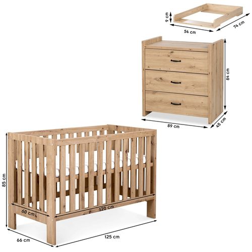 Amelia Ii Ensemble Bébé Lit 120x60 + Commode À Langer Chêne Sans Tiroir