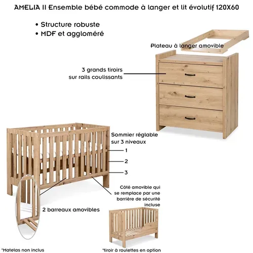 Amelia Ii Ensemble Bébé Lit 120x60 + Commode À Langer Chêne Sans Tiroir