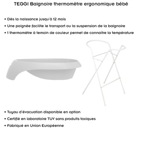 Teggi Baignoire Ergonomique Bébé Avec Thermomètre Gris + Pied