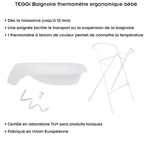 Teggi Baignoire Bébé Avec Thermomètre Intégré Blanc + Pied + Tuyau