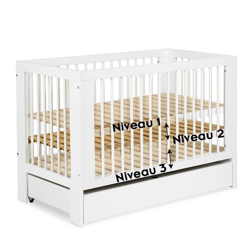 Olivia Lit Bébé À Barreaux 120x60 Sommier Réglable Blanc Avec Tiroir