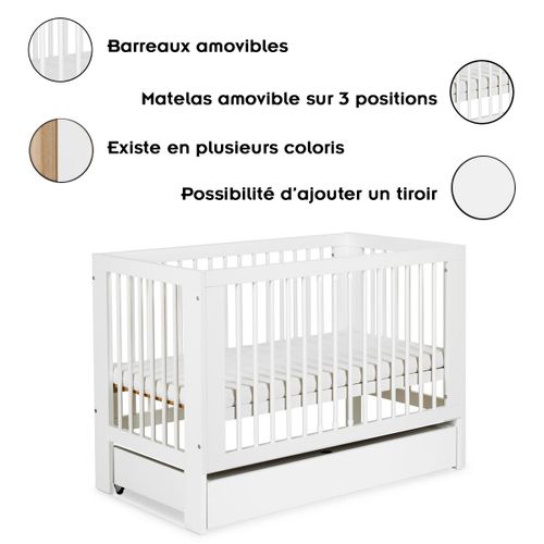 Olivia Lit Bébé À Barreaux 120x60 Sommier Réglable Blanc Avec Tiroir