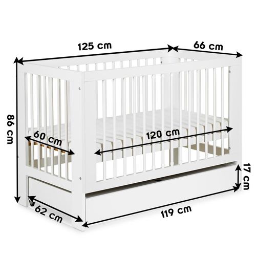 Olivia Lit Bébé À Barreaux 120x60 Sommier Réglable Blanc Avec Tiroir