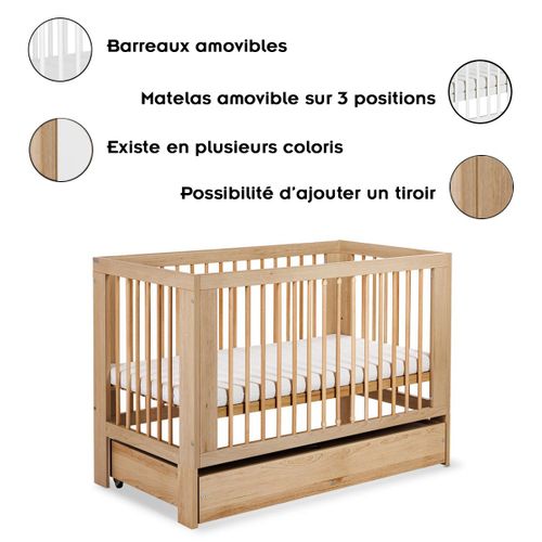 Olivia Lit Bébé À Barreaux 120x60 Sommier Réglable Bois Avec Tiroir