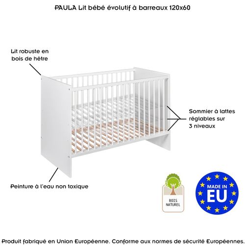Paula Lit Bébé évolutif À Barreaux En Bois Blanc 120x60 Cm