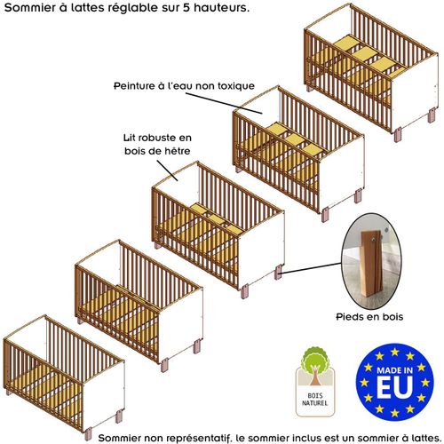 Matti Lit Bébé évolutif à Barreaux Pieds Droits Design Moderne Blanc/bois 120x60 Cm