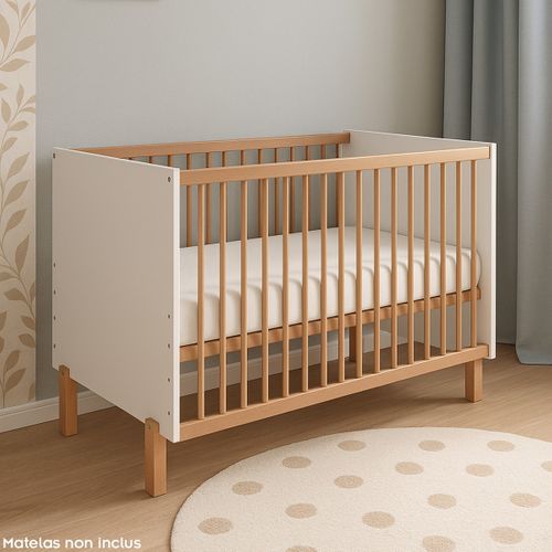 Matti Lit Bébé évolutif à Barreaux Pieds Droits Design Moderne Blanc/bois 120x60 Cm