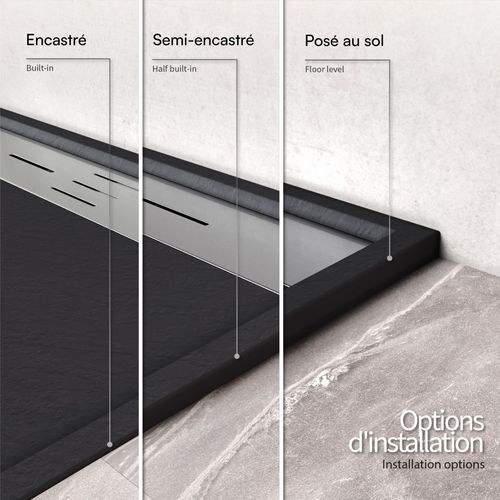 Receveur De Douche Hiemal Inox 80 X 180 Cm Résine Noir Aspect Ardoise + Bonde Inox Incluse