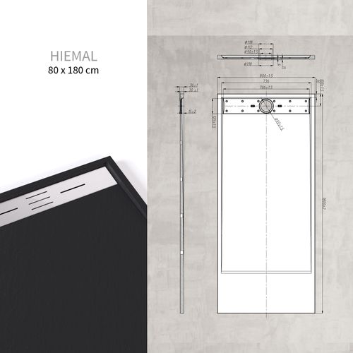 Receveur De Douche Hiemal Inox 80 X 180 Cm Résine Noir Aspect Ardoise + Bonde Inox Incluse