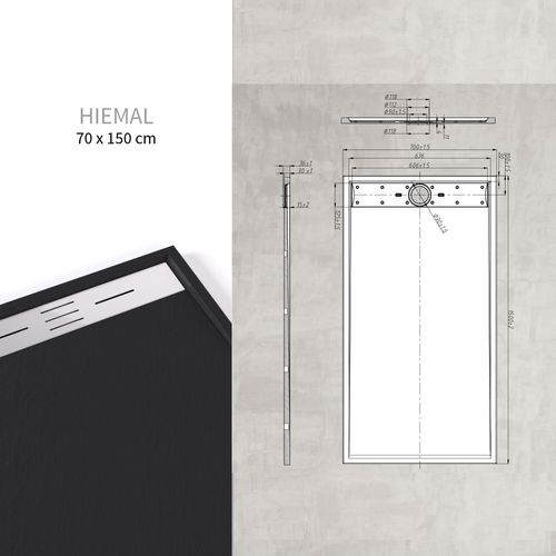 Receveur De Douche Hiemal Inox 70 X 150 Cm Résine Noir Aspect Ardoise + Bonde Inox Incluse
