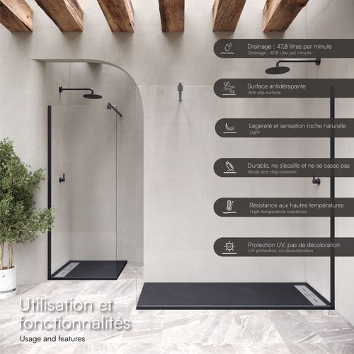 Receveur De Douche Hiemal Inox 70 X 140 Cm Résine Noir Aspect Ardoise + Bonde Inox Incluse