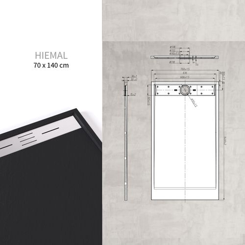 Receveur De Douche Hiemal Inox 70 X 140 Cm Résine Noir Aspect Ardoise + Bonde Inox Incluse