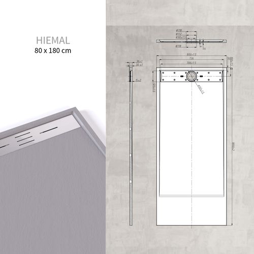 Receveur De Douche Hiemal Inox 80 X 180 Cm Résine Gris Aspect Ardoise + Bonde Inox Incluse