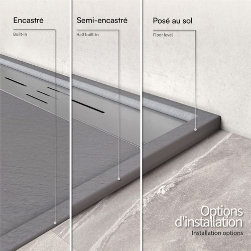 Receveur De Douche Hiemal Inox 80 X 160 Cm Résine Gris Aspect Ardoise + Bonde Inox Incluse