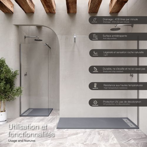 Receveur De Douche Hiemal Inox 80 X 160 Cm Résine Gris Aspect Ardoise + Bonde Inox Incluse