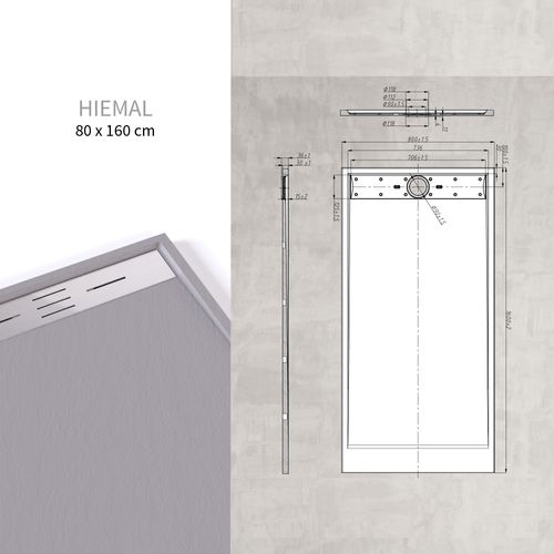 Receveur De Douche Hiemal Inox 80 X 160 Cm Résine Gris Aspect Ardoise + Bonde Inox Incluse