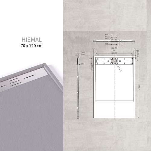 Receveur De Douche Hiemal Inox 70 X 120 Cm Résine Gris Aspect Ardoise + Bonde Inox Incluse
