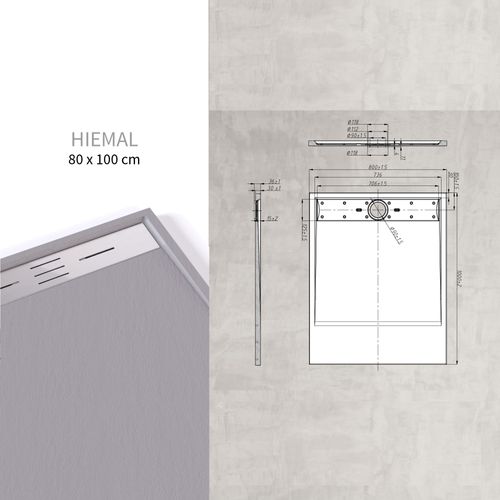 Receveur De Douche Hiemal Inox 80 X 100 Cm Résine Gris Aspect Ardoise + Bonde Inox Incluse
