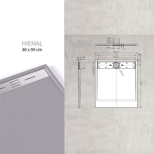 Receveur De Douche Hiemal Inox 80 X 90 Cm Résine Gris Aspect Ardoise + Bonde Inox Incluse