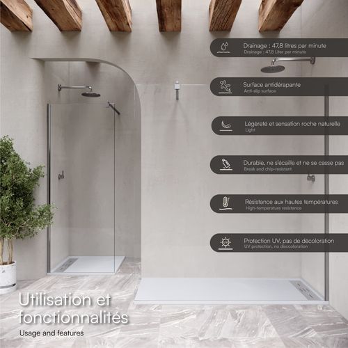 Receveur De Douche Hiemal Inox 70 X 100 Cm Résine Blanc Aspect Ardoise + Bonde Inox Incluse