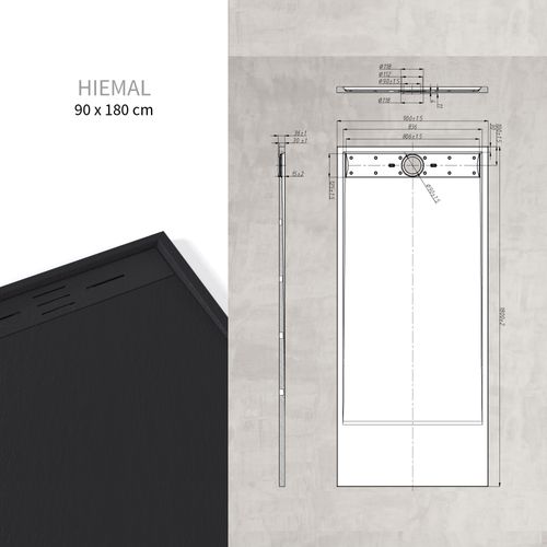 Receveur De Douche Hiemal 90 X 180 Cm Résine Noir Aspect Ardoise + Bonde Incluse