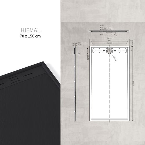 Receveur De Douche Hiemal 70 X 150 Cm Résine Noir Aspect Ardoise + Bonde Incluse