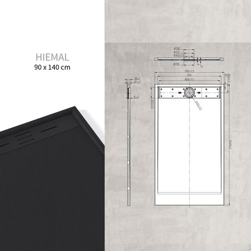 Receveur De Douche Hiemal 90 X 140 Cm Résine Noir Aspect Ardoise + Bonde Incluse