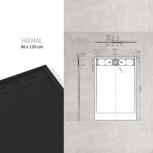 Receveur De Douche Hiemal 80 X 120 Cm Résine Noir Aspect Ardoise + Bonde Incluse