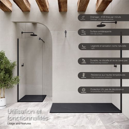 Receveur De Douche Hiemal 70 X 140 Cm Résine Noir Aspect Ardoise + Bonde Incluse