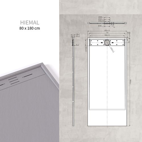 Receveur De Douche Hiemal 80 X 180 Cm Résine Gris Aspect Ardoise + Bonde Incluse