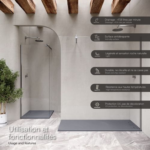 Receveur De Douche Hiemal 70 X 170 Cm Résine Gris Aspect Ardoise + Bonde Incluse