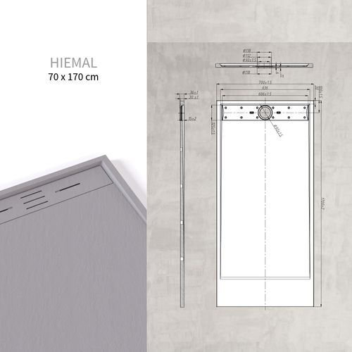 Receveur De Douche Hiemal 70 X 170 Cm Résine Gris Aspect Ardoise + Bonde Incluse
