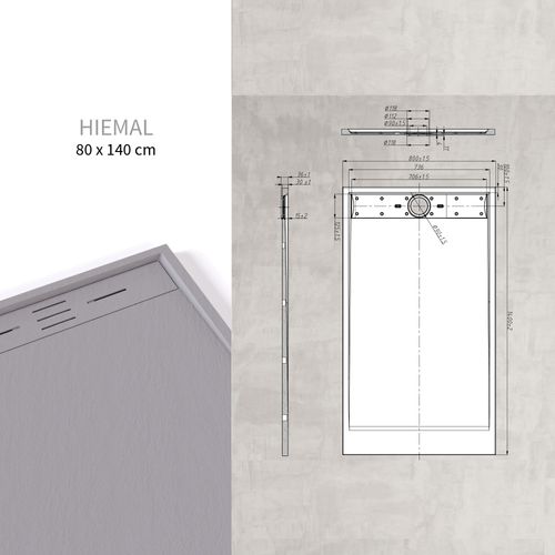 Receveur De Douche Hiemal 80 X 140 Cm Résine Gris Aspect Ardoise + Bonde Incluse