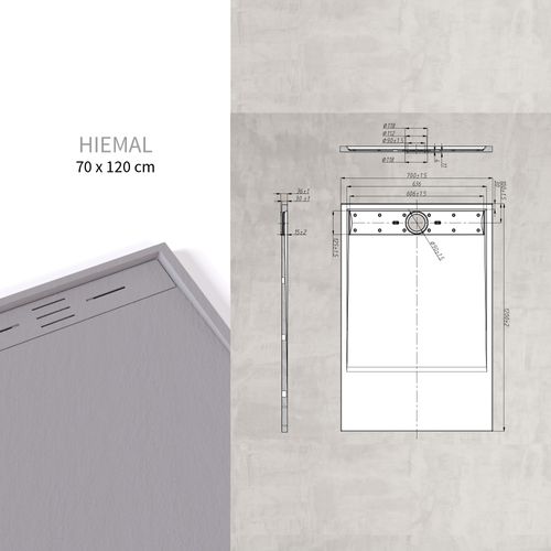 Receveur De Douche Hiemal 70 X 120 Cm Résine Gris Aspect Ardoise + Bonde Incluse