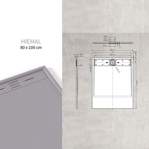 Receveur De Douche Hiemal 80 X 100 Cm Résine Gris Aspect Ardoise + Bonde Incluse
