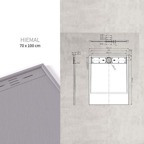 Receveur De Douche Hiemal 70 X 100 Cm Résine Gris Aspect Ardoise + Bonde Incluse