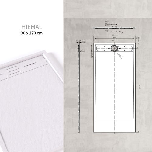 Receveur De Douche Hiemal 90 X 170 Cm Résine Blanc Aspect Ardoise + Bonde Incluse