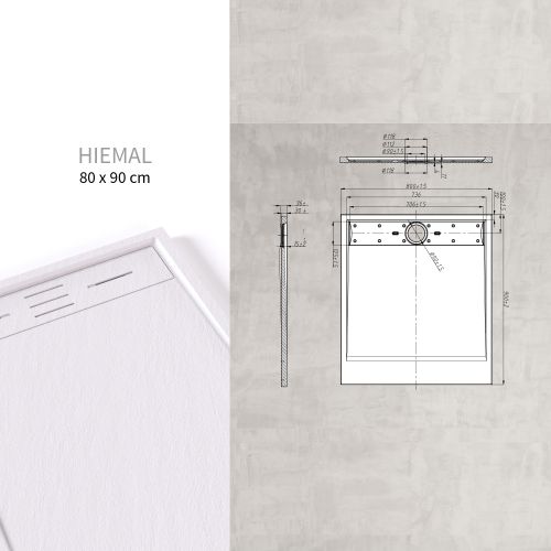 Receveur De Douche Hiemal 80 X 90 Cm Résine Blanc Aspect Ardoise + Bonde Incluse