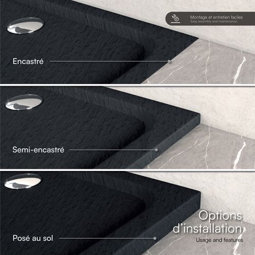 Receveur De Douche Shimmer Stone 80 X 80 Cm Acrylique Noir Effet Pierre + Bonde Et Siphon Inclus