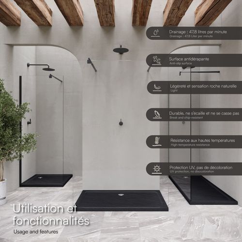 Receveur De Douche Shimmer Stone 80 X 80 Cm Acrylique Noir Effet Pierre + Bonde Et Siphon Inclus