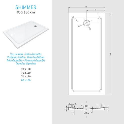 Receveur De Douche Shimmer 80 X 180 Cm Acrylique Blanc + Bonde Et Siphon Inclus