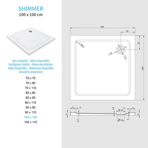 Receveur De Douche Shimmer 100 X 100 Cm Acrylique Blanc + Bonde Et Siphon Inclus