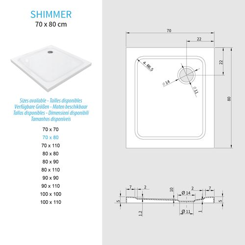 Receveur De Douche Shimmer 70 X 80 Cm Acrylique Blanc + Bonde Et Siphon Inclus